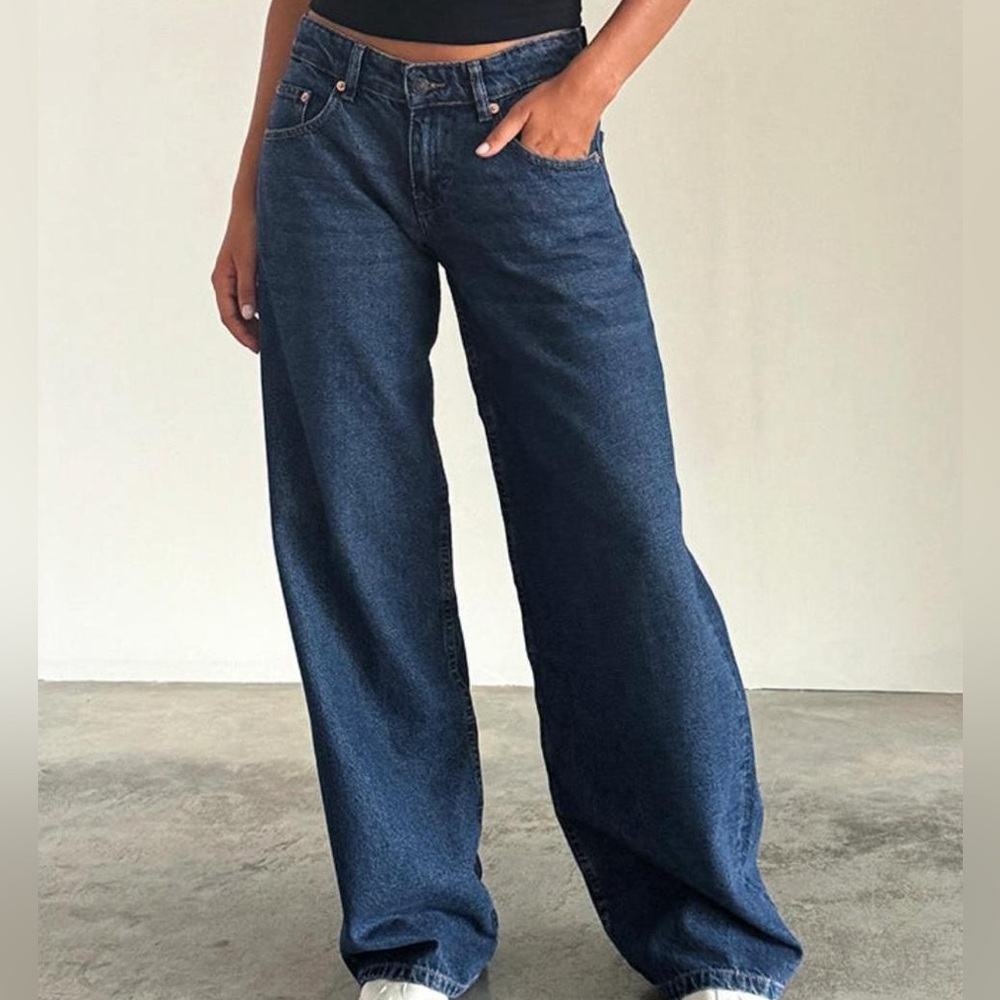 Motel Rocks Roomy Extra Wide Low Rise Jeans In Mid Indigo Blue
